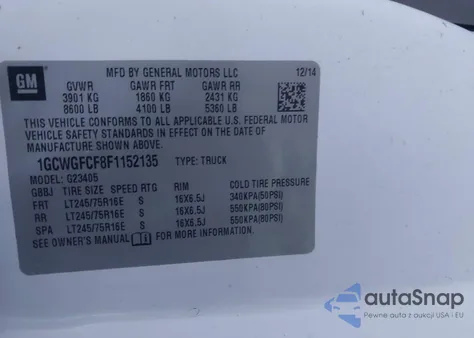 2015 Chevrolet Express 2500 Work Van from USA, damaged, VIN 1GCWGFCF8F1152135